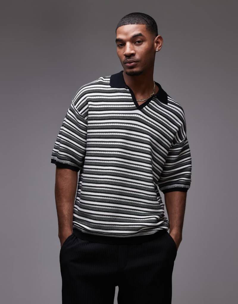 Topman - Gestreiftes Polohemd aus Strick in Schwarz-Weiß-Bunt von Topman