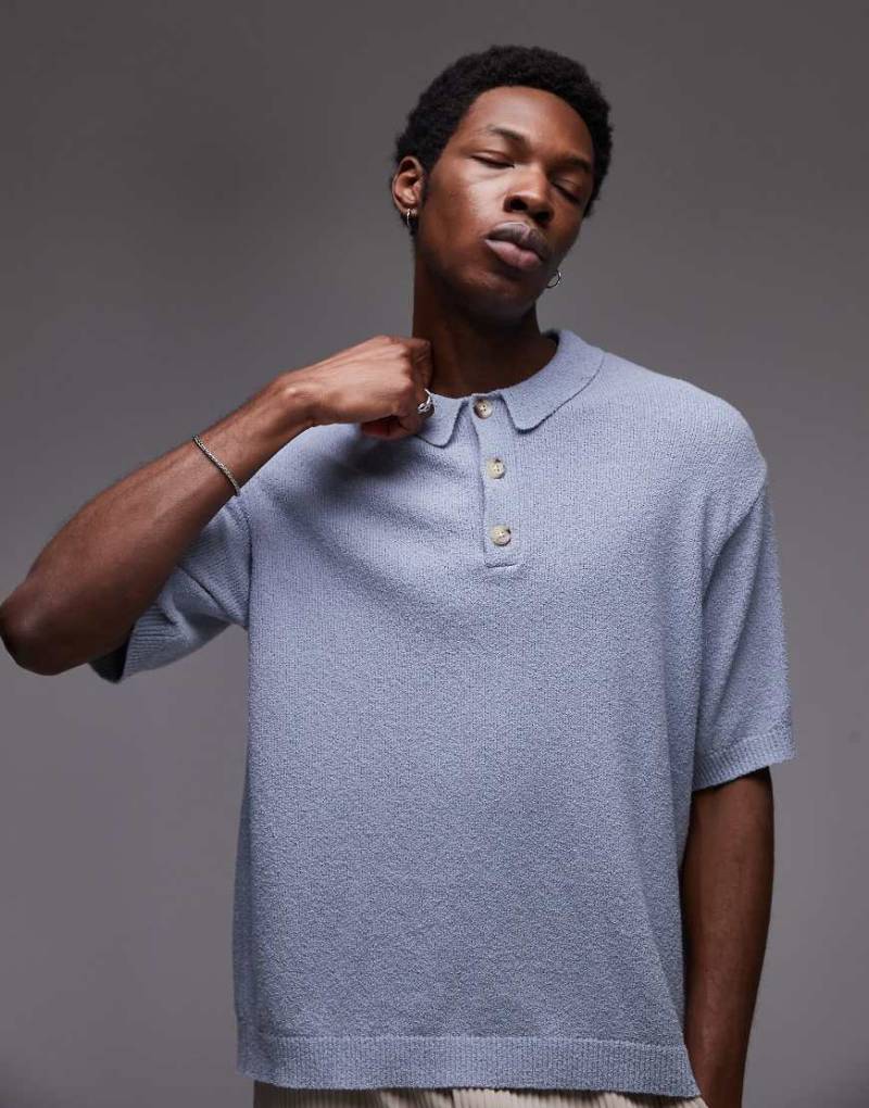 Topman - Hemd aus Bouclé-Strick in Blau mit Knopfleiste von Topman