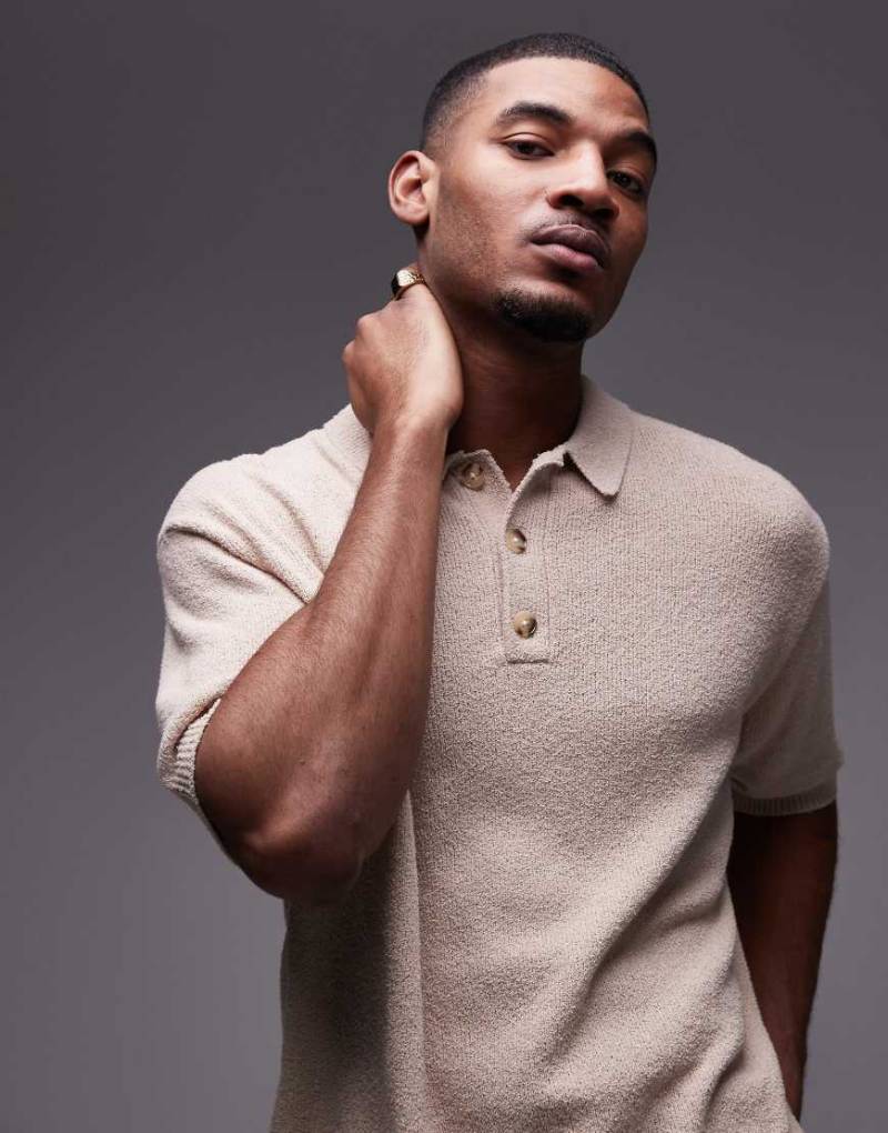 Topman - Hemd aus Bouclé-Strick in Steinbeige mit Knopfleiste-Neutral von Topman