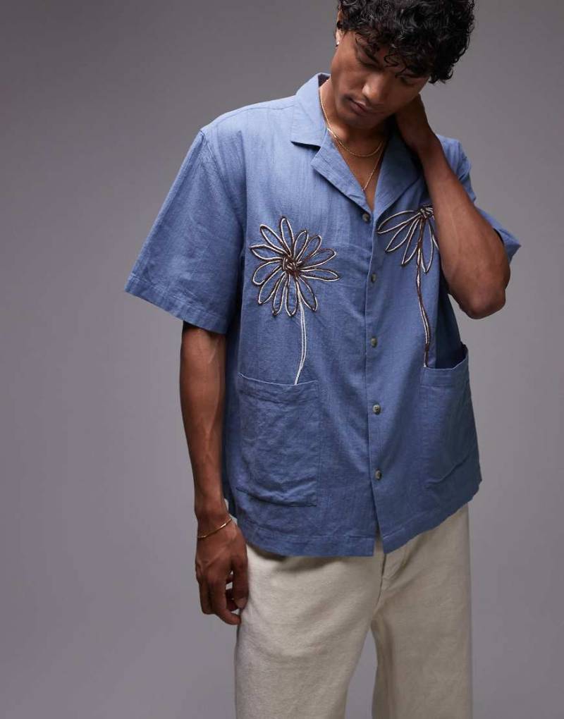 Topman - Hemd in Blau mit Blumenstickerei in Kordeloptik von Topman