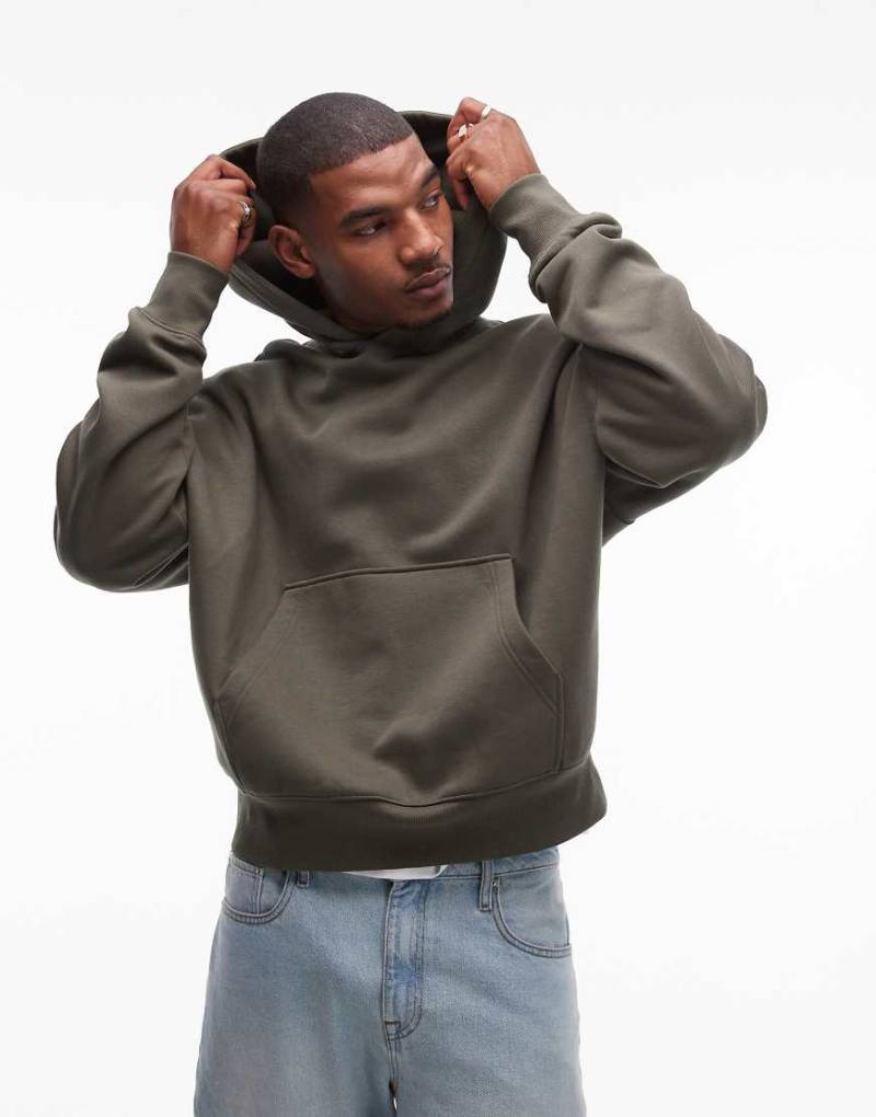 Topman - Hochwertiger, schwerer Kapuzenpullover in Khaki mit Oversize-Passform-Grün von Topman