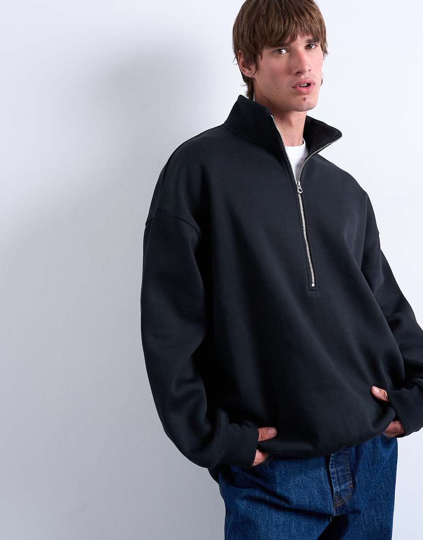 Topman - Hochwertiger Oversize-Pullover in Schwarz mit kurzem Reißverschluss und Stehkragen von Topman