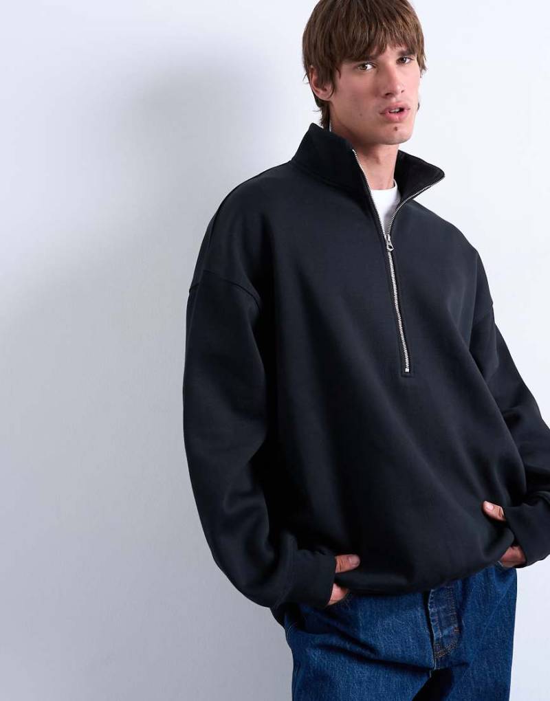 Topman - Hochwertiger Oversize-Pullover in Schwarz mit kurzem Reißverschluss und Stehkragen von Topman