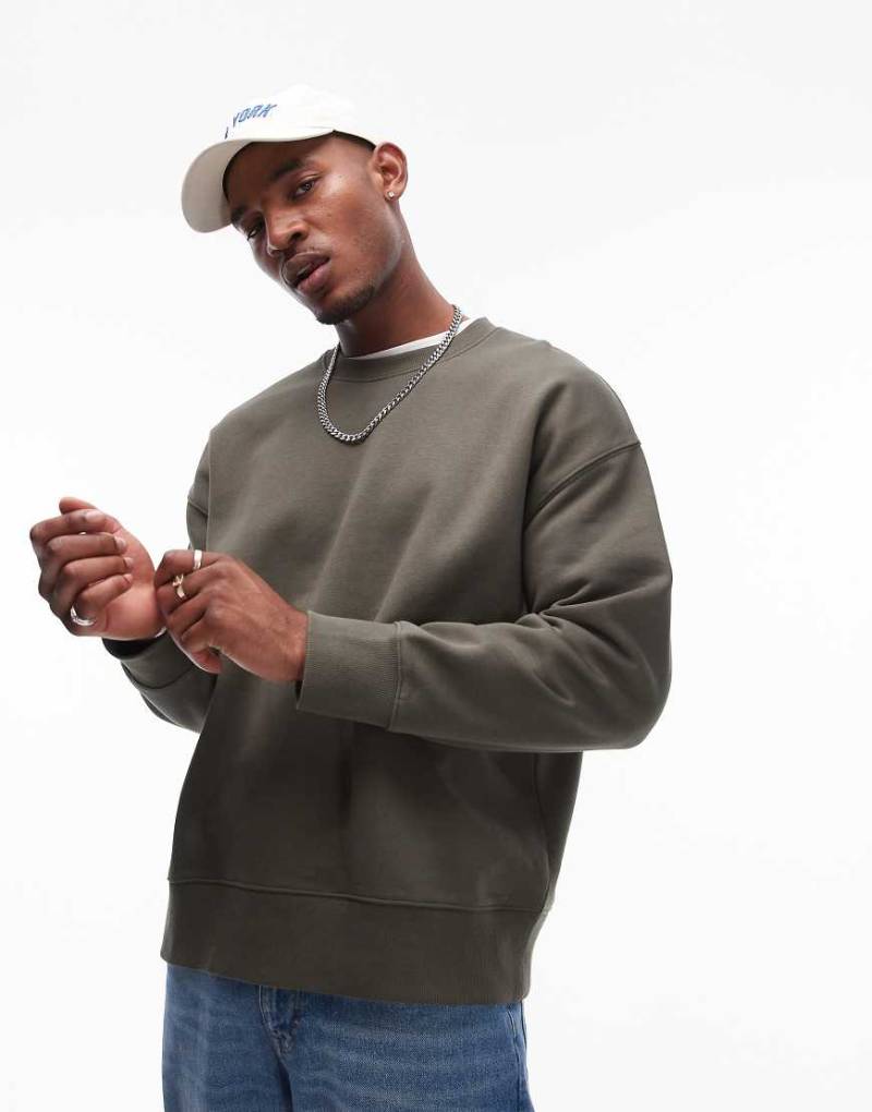 Topman - Hochwertiges Oversize-Sweatshirt aus schwerem Stoff in Khaki-Grün von Topman