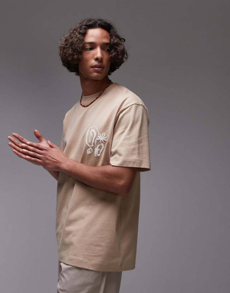 Topman - Hochwertiges Relaxed-Fit-T-Shirt in Steinbeige mit abstraktem Formen-Print auf Vorder- und Rückseite-Neutral von Topman