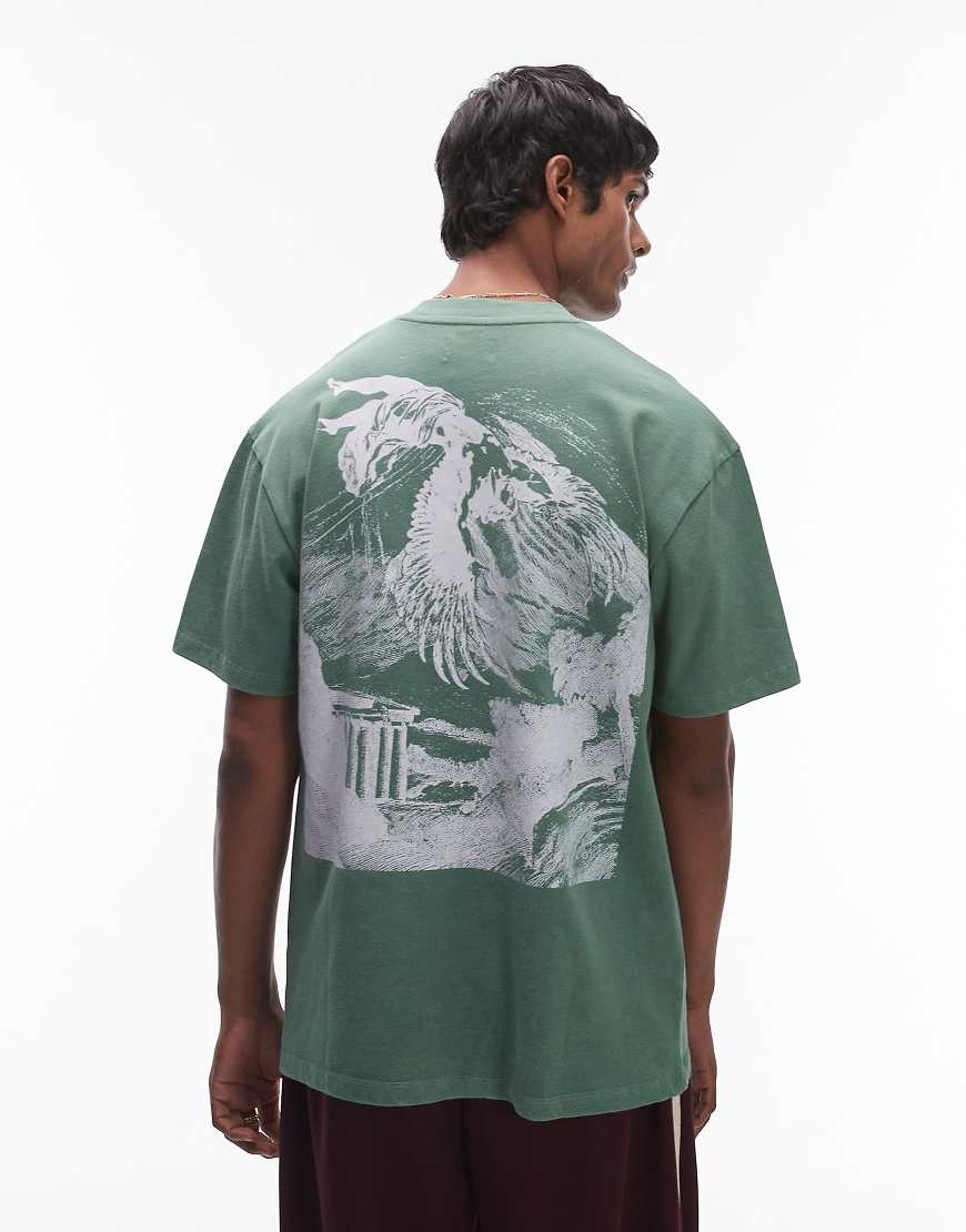 Topman - Hochwertiges Oversize-T-Shirt in verwaschenem Salbeigrün mit Ikarus-Print von Topman