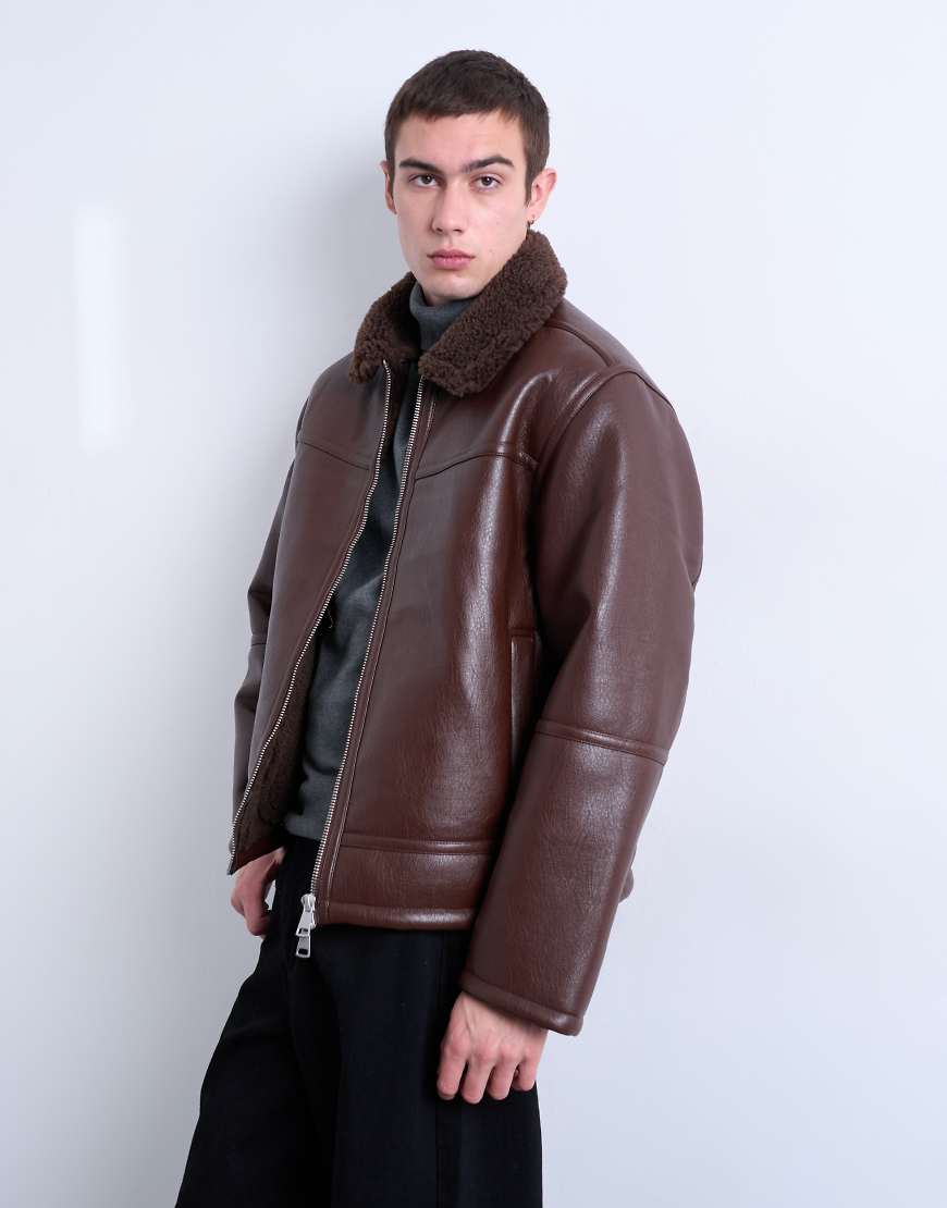 Topman - Jacke aus Lammfellimitat in Braun mit Reißverschlusstaschen-Brown von Topman
