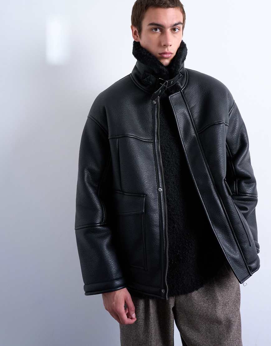 Topman - Jacke aus Lammfellimitat in Schwarz mit aufgesetzten Taschen von Topman