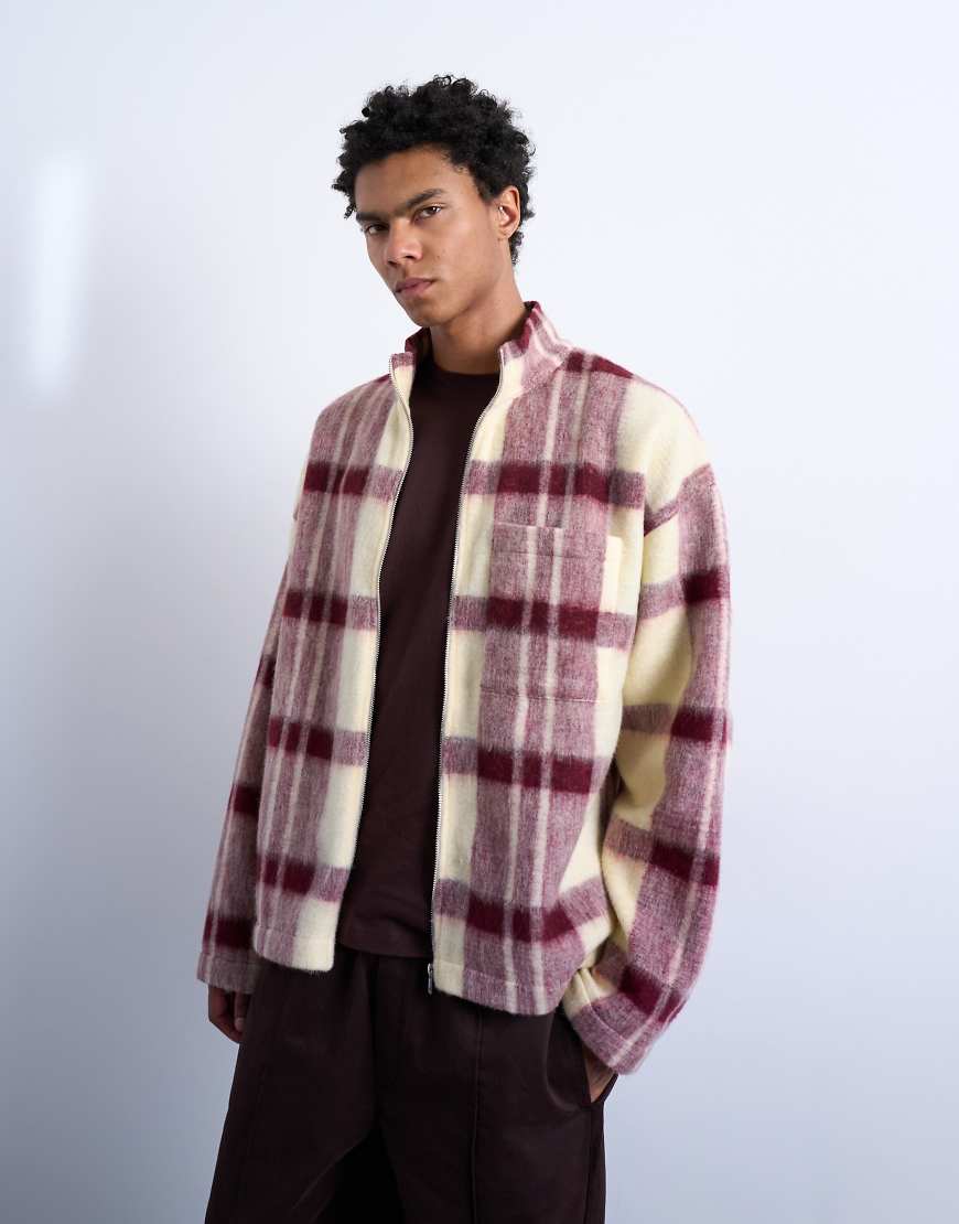 Topman - Jacke aus angerautem Wollmix in Rot kariert mit Stehkragen von Topman