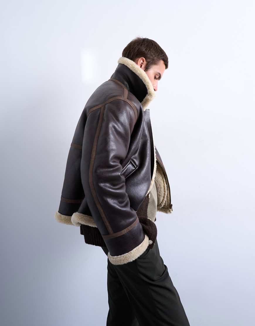 Topman - Jacke in Braun mit Lammfellimitat-Brown von Topman