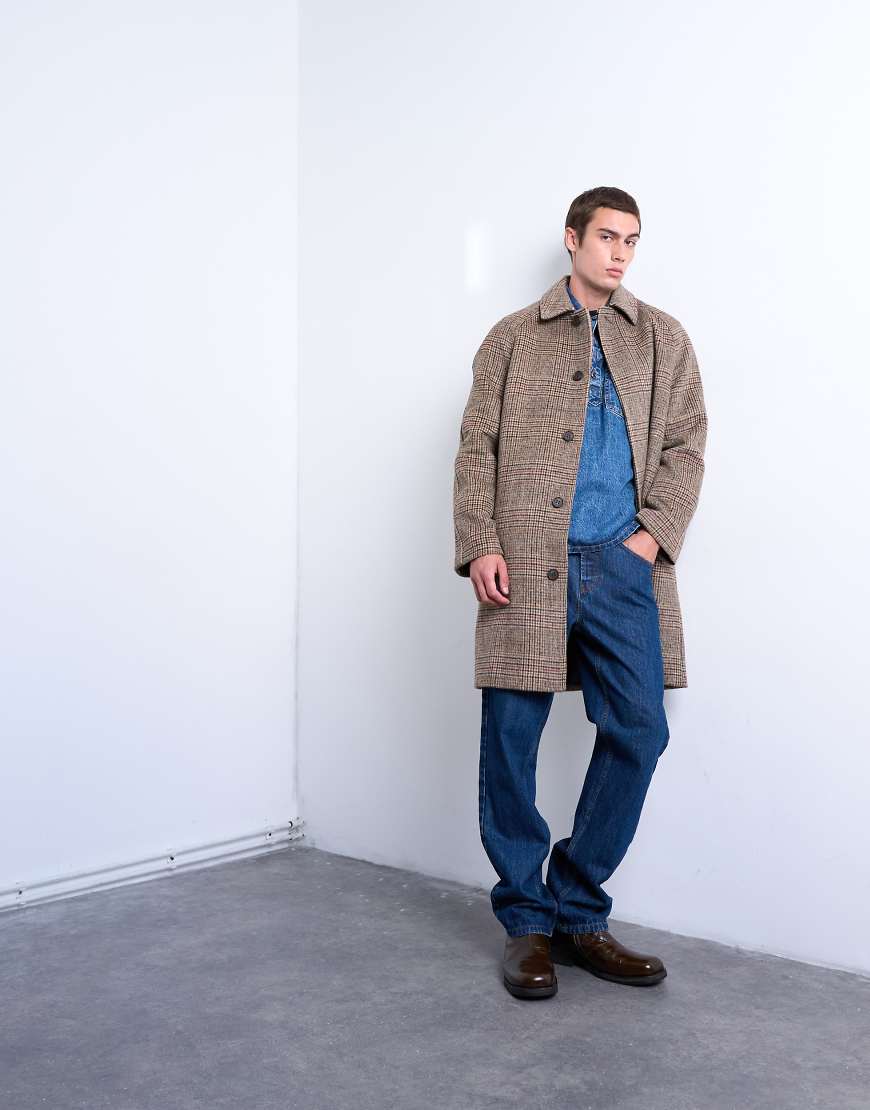 Topman - Karierter Mantel in Braun aus gebürstete, Wollmix-Brown Topman - Karierter Mantel in Braun aus gebürstete, Wollmix-Brown von Topman