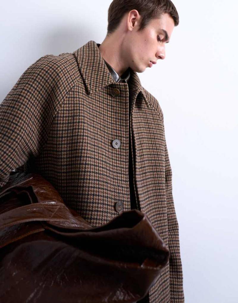 Topman - Karierter Oversize-Mantel in Braun aus gebürsteter Wolle-Brown von Topman