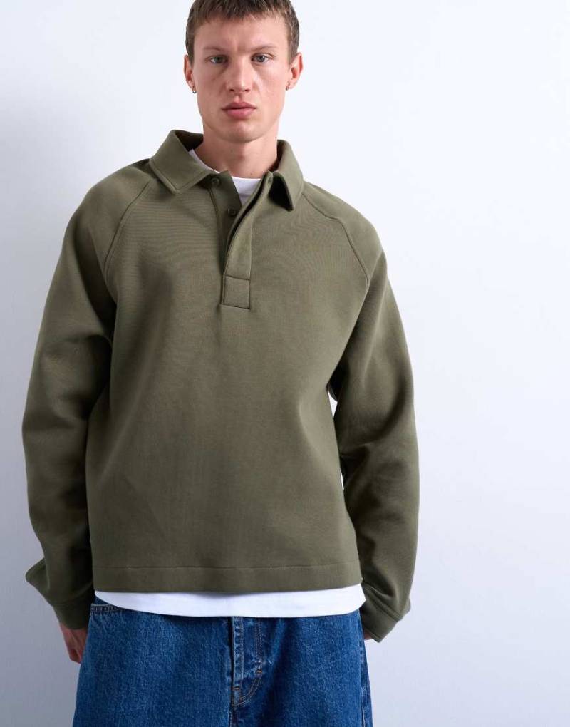Topman - Kastiges Sweatshirt aus neoprenartigem Material in Khaki mit Polokragen-Grün von Topman