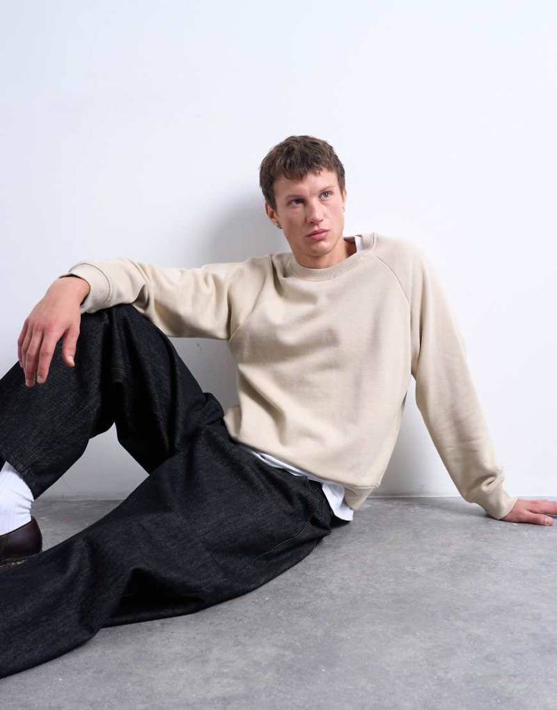 Topman - Kastiges Sweatshirt in Steinbeige mit Raglanärmeln-Neutral von Topman