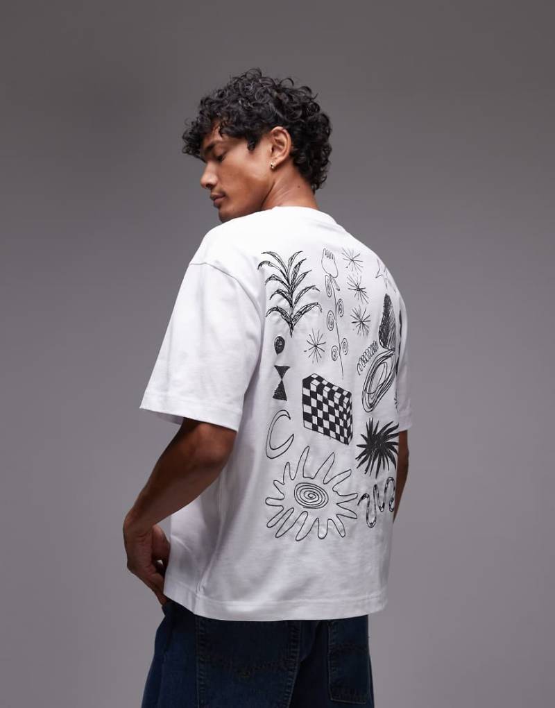 Topman - Cropped T-Shirt in Weiß mit Skizzen-Print vorne und am Rücken mit Stickerei von Topman