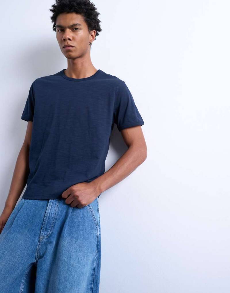 Topman - Cropped-T-Shirt aus Slub-Jersey in Marineblau von Topman