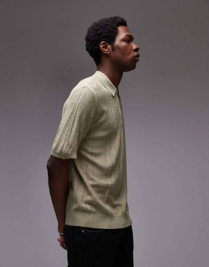 Topman - Kurzärmliges, gestricktes Polohemd in Salbeigrün mit kurzem Reißverschluss von Topman