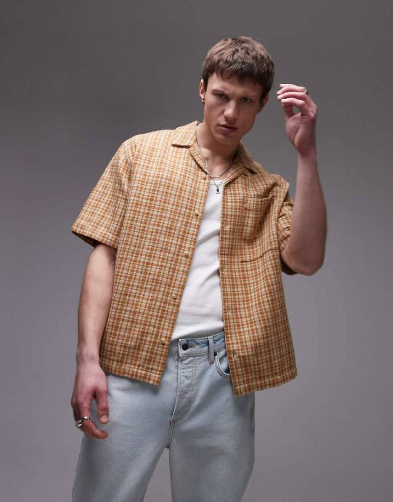 Topman - Kurzärmliges, locker geschnittenes Hemd in Braun kariert-Blau von Topman