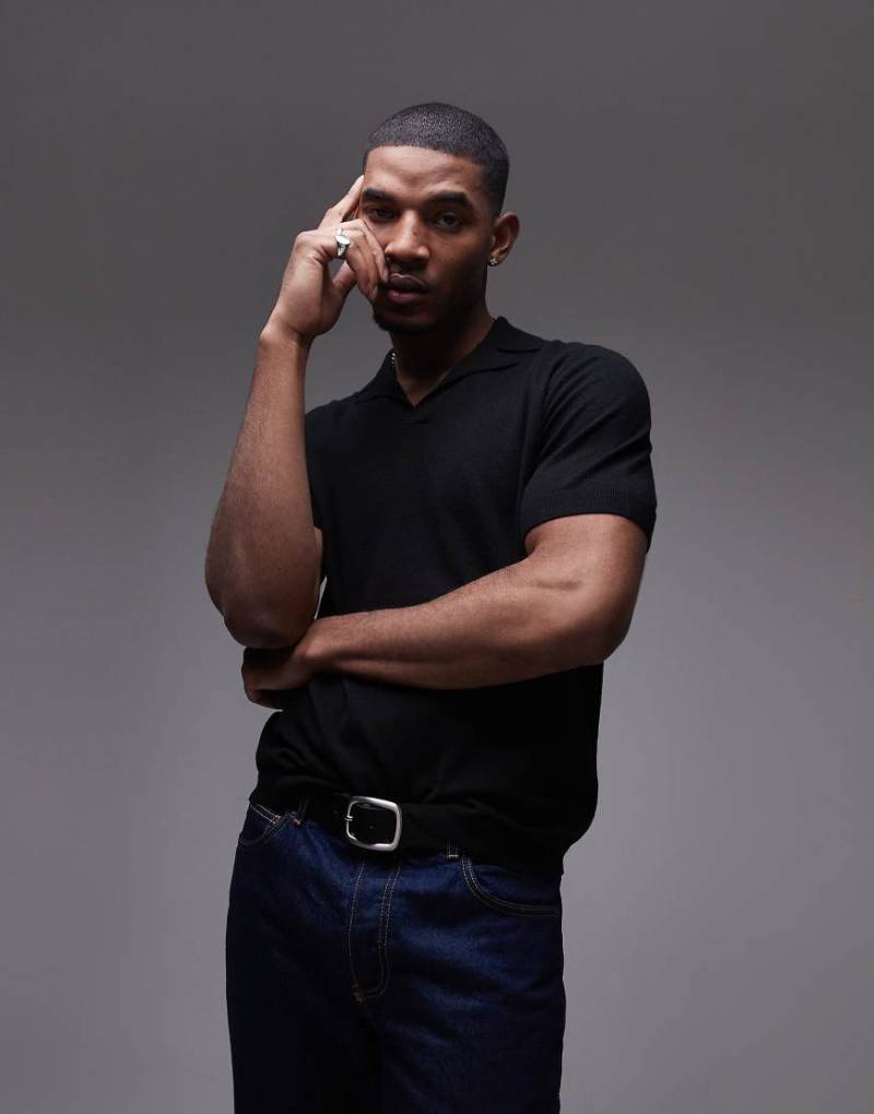 Topman - Kurzärmliges Hemd in Schwarz mit offenem Reverskragen von Topman