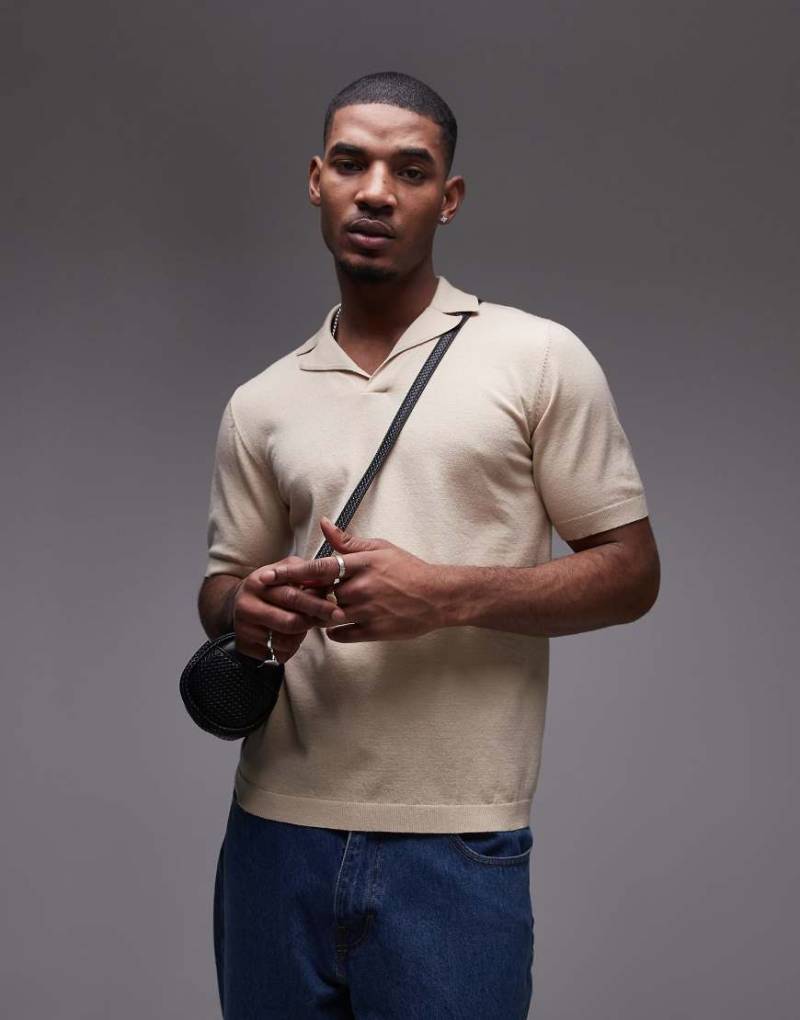 Topman - Kurzärmliges Hemd in Stone mit offenem Reverskragen-Neutral von Topman