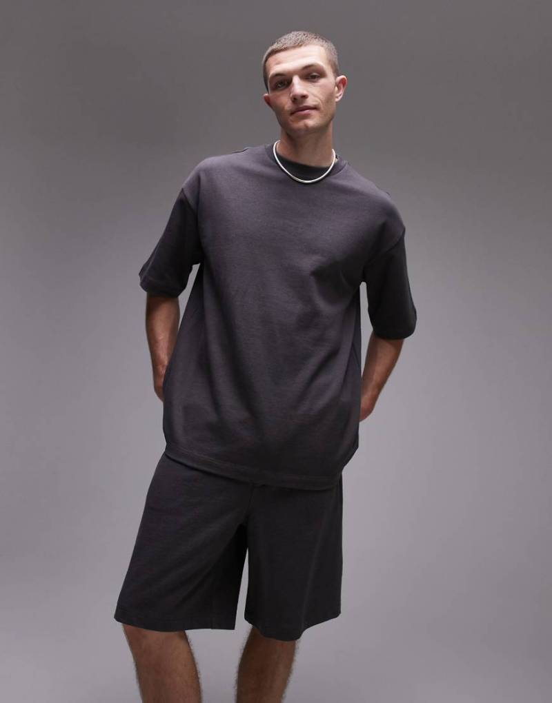 Topman - Kurzärmliges Relaxed-Fit-Sweatshirt aus Leinenmix in Anthrazit-Grau von Topman