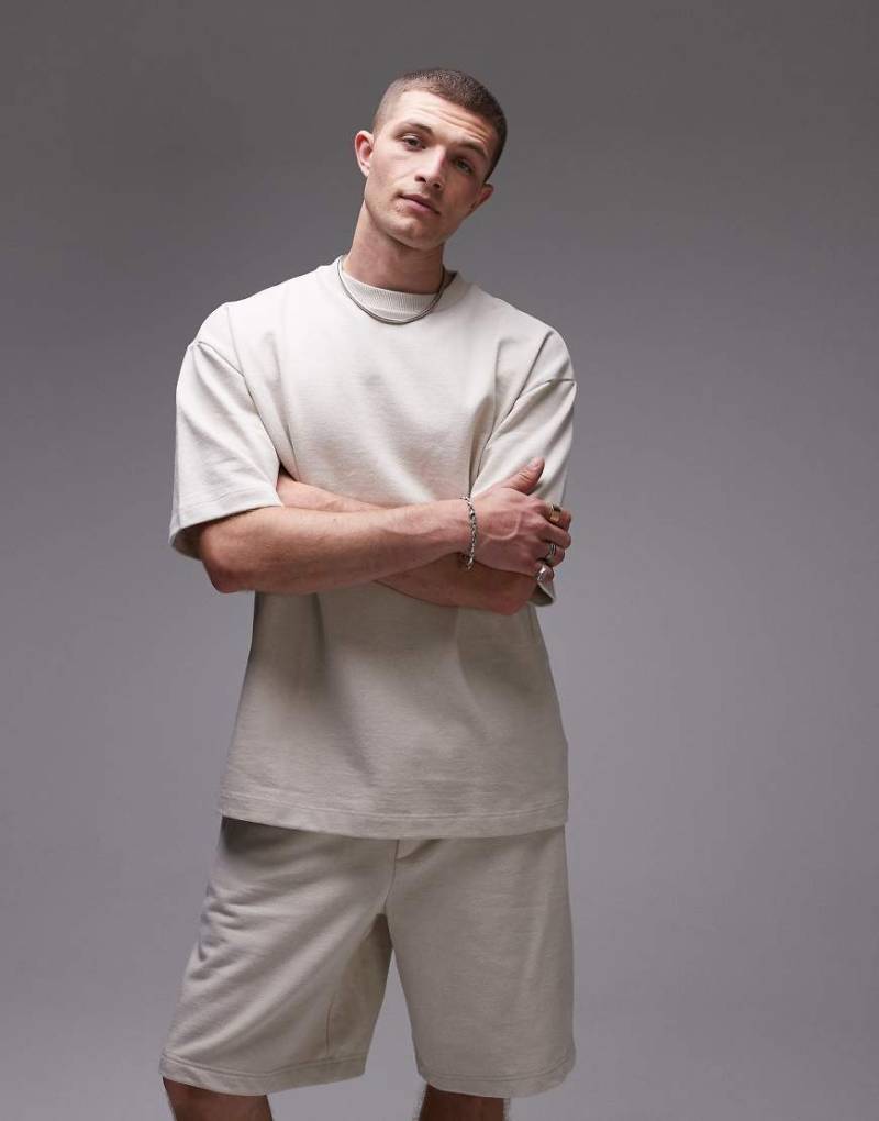 Topman - Kurzärmliges Relaxed-Fit-Sweatshirt aus Leinenmix in Steinbeige-Neutral von Topman