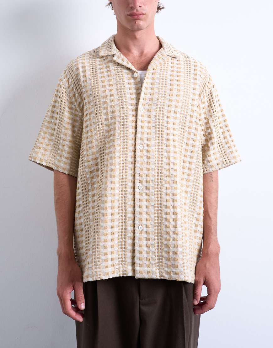 Topman - Kurzärmliges Relaxed Fit Hemd in Stein mit zweifarbiger Struktur-Rosa von Topman