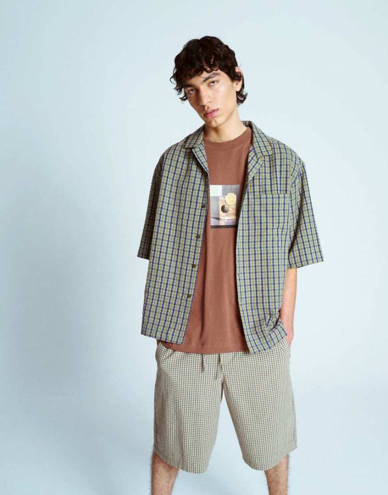 Topman - Kurzärmliges kastiges Hemd mit Struktur-Karos-Bunt von Topman