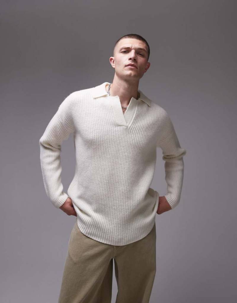 Topman - Lässig geschnittener Pullover aus Lammwolle in Ecru mit Rundhalsausschnitt-Weiß von Topman
