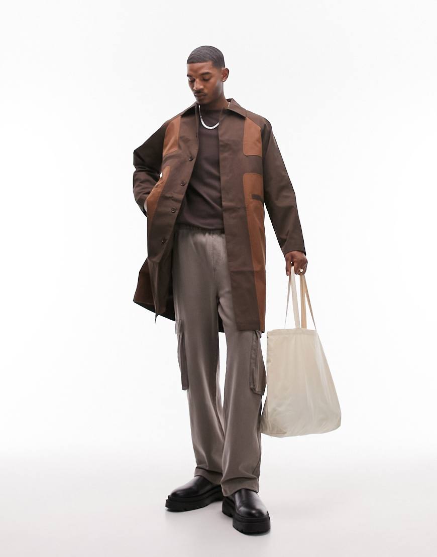 Topman - Lässiger Trenchcoat in Braun mit Einsätzen in Kontrastfarbe-Neutral von Topman