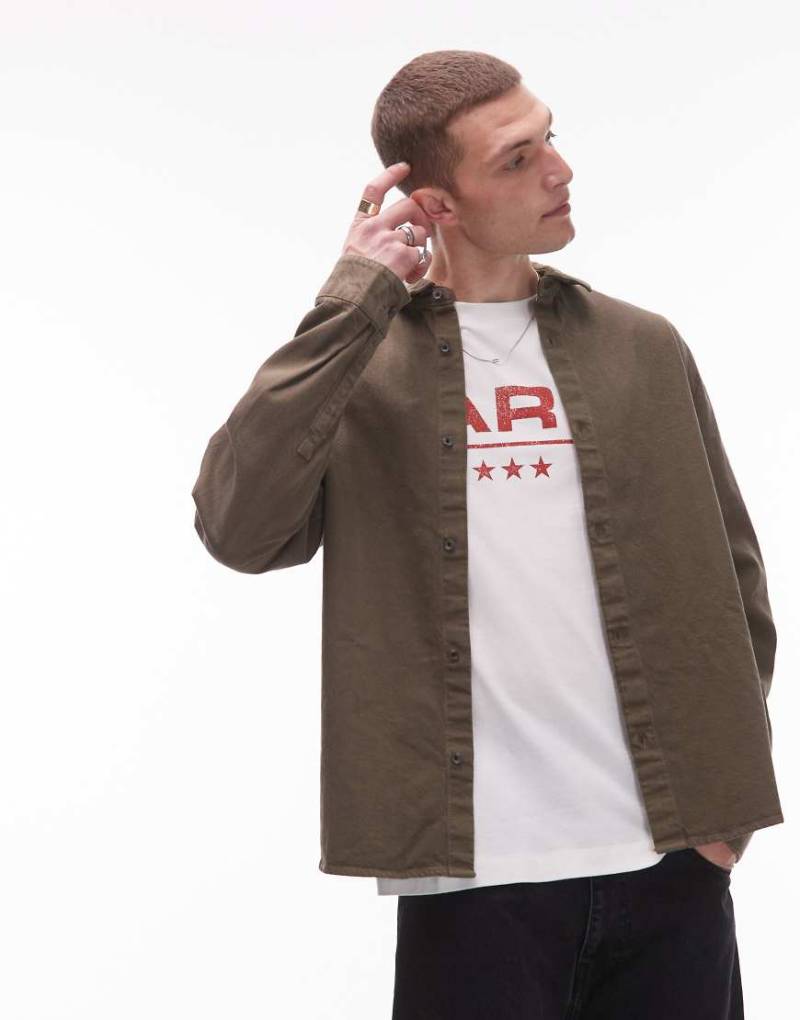 Topman - Langärmlige Hemdjacke aus gewaschenem Canvas in Khaki-Grün von Topman