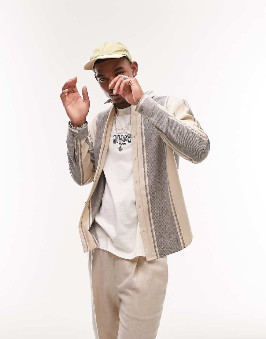 Topman - Langärmliges, gestreiftes Hemd aus Webstoff in verwaschenem Marineblau und Steinbeige mit normalem Schnitt von Topman