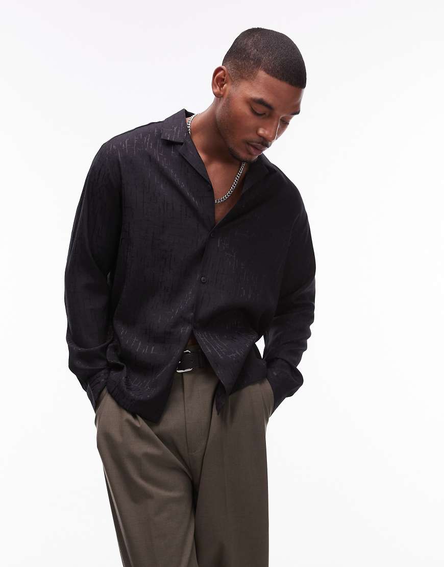 Topman - Langärmliges Jacquard-Hemd in Schwarz mit lässigem Schnitt und Reverskragen von Topman