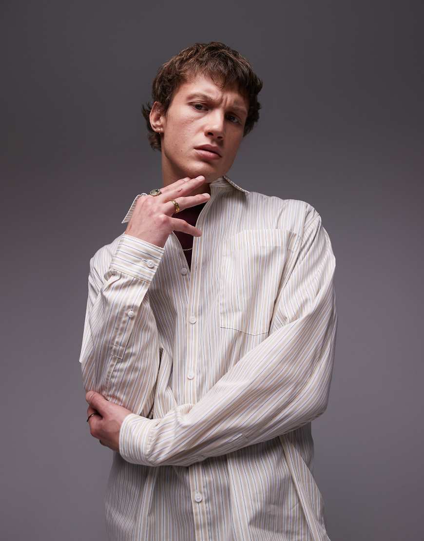Topman - Langärmliges Oversize-Hemd mit Streifen in Kamelbraun-Neutral von Topman