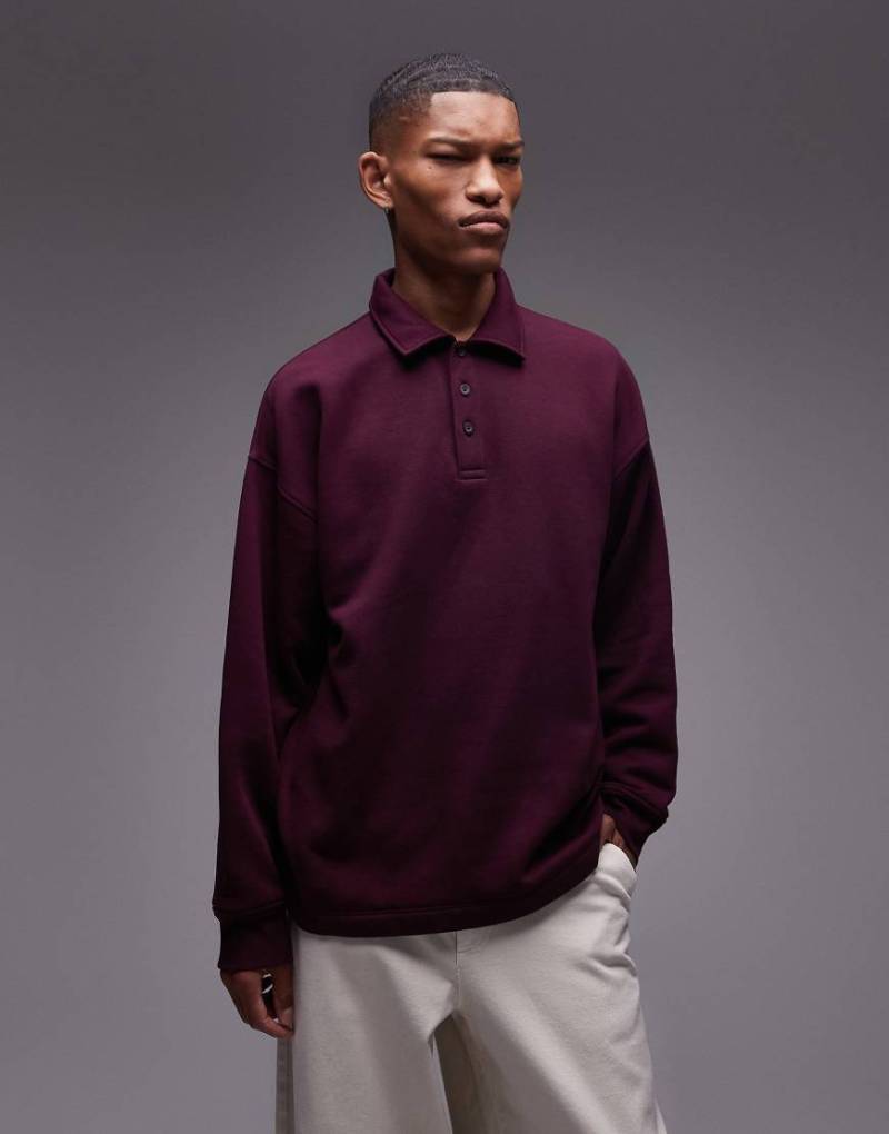 Topman - Langärmliges Oversize-Sweat-Poloshirt in Burgunderrot von Topman