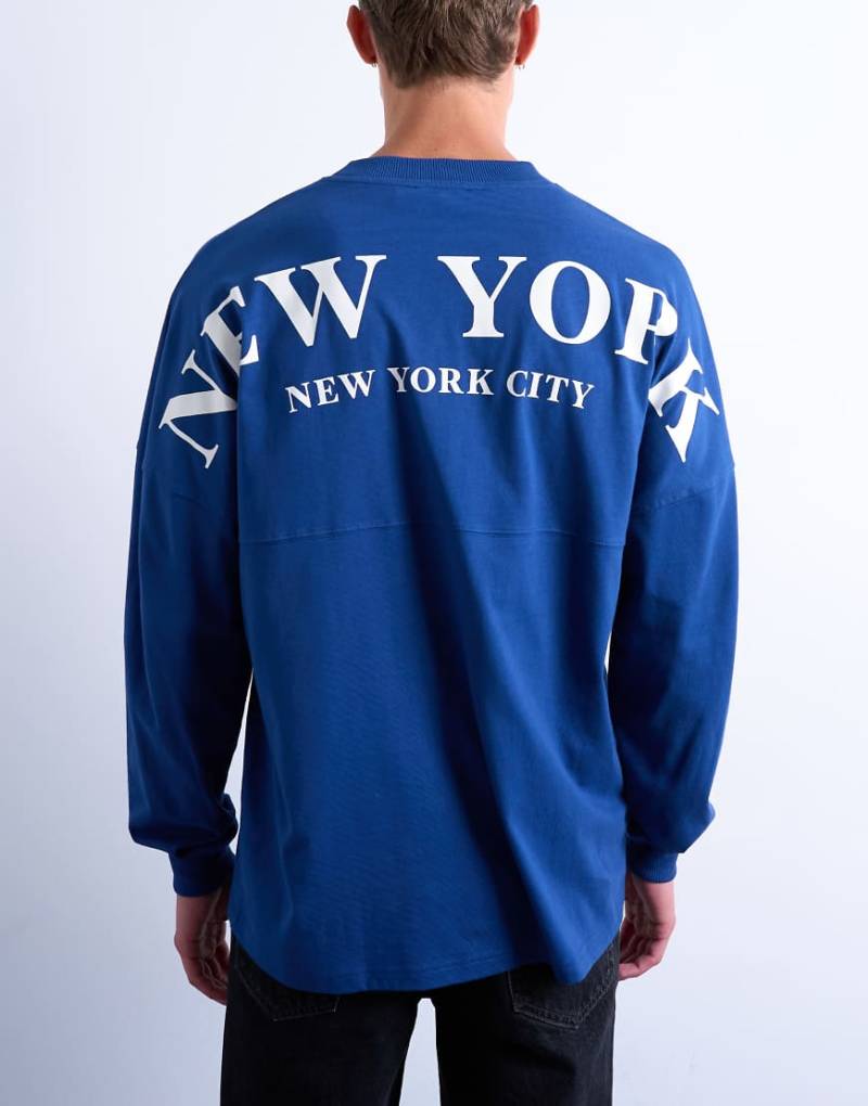 Topman - Langärmliges Relaxed-Fit-T-Shirt in Kobaltblau mit „New York City"-Print von Topman