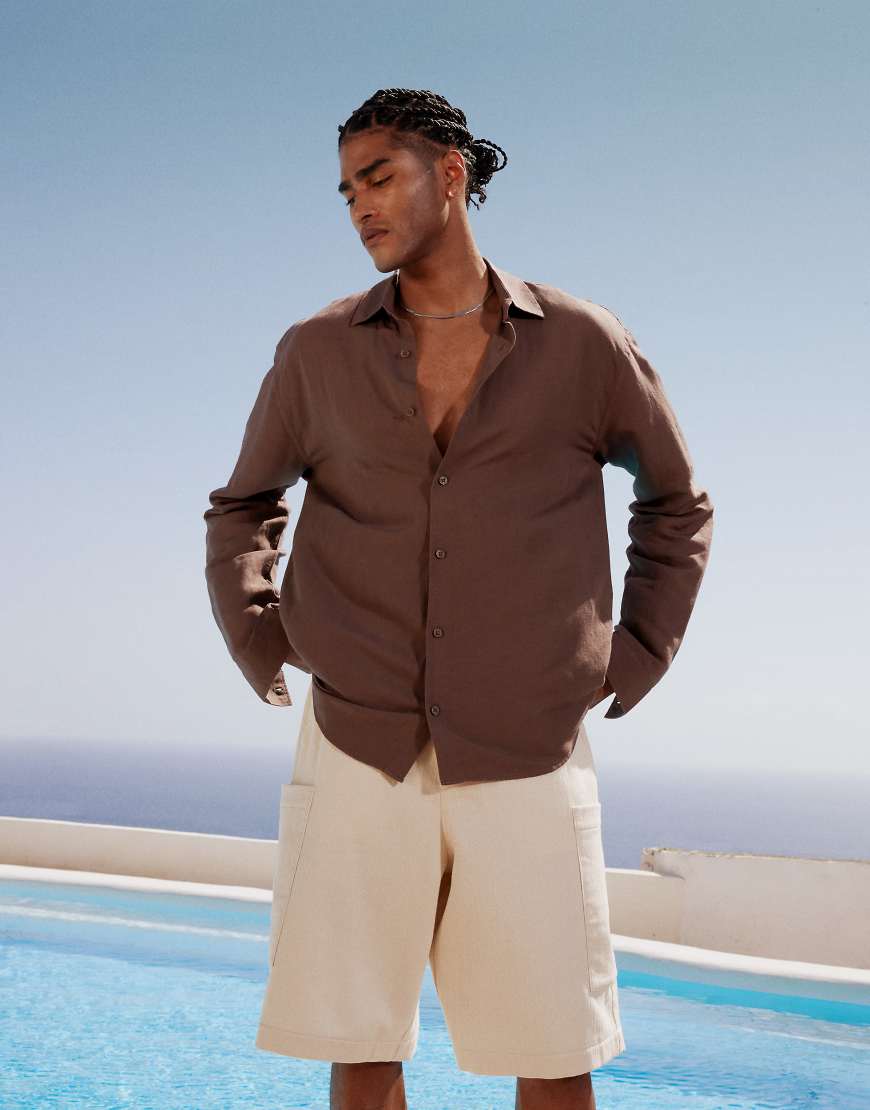 Topman - Langärmliges Regular-Fit-Leinenhemd in Braun von Topman