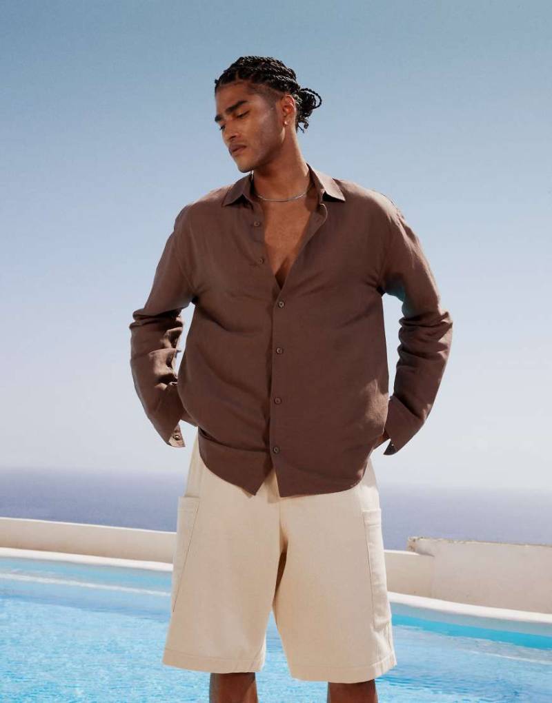 Topman - Langärmliges Regular-Fit-Leinenhemd in Braun von Topman