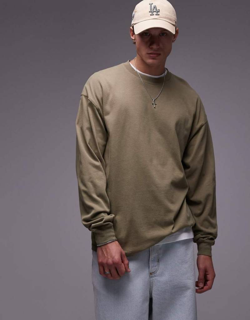 Topman - Langärmliges Relaxed-Fit-Shirt in verwaschenem Khaki-Grün von Topman