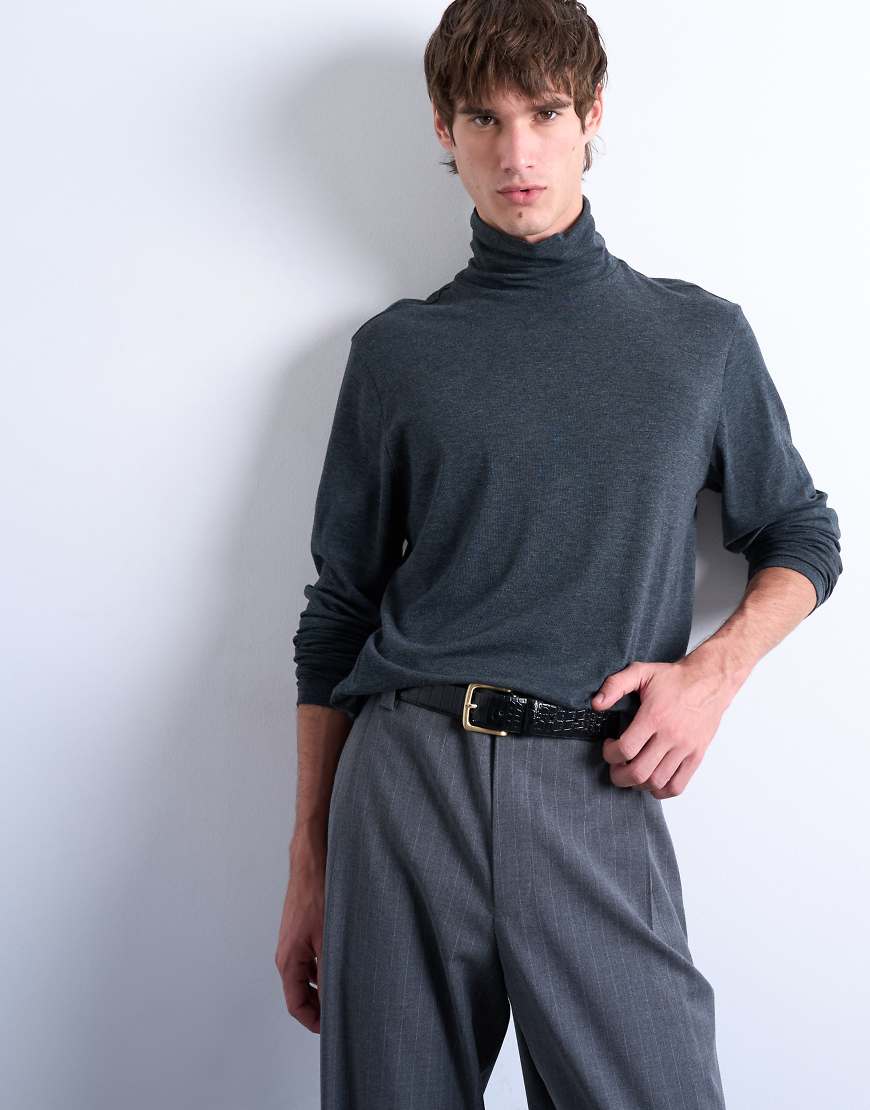 Topman - Langärmliges Relaxed-Fit-T-Shirt in Dunkelgrau mit Rollkragen von Topman