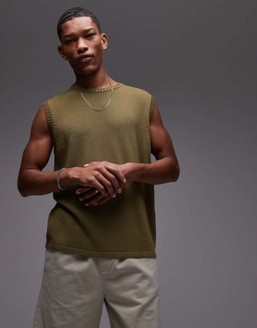 Topman - Leichtes, gestricktes Relaxed-Fit-Trägershirt in Khaki-Grün von Topman