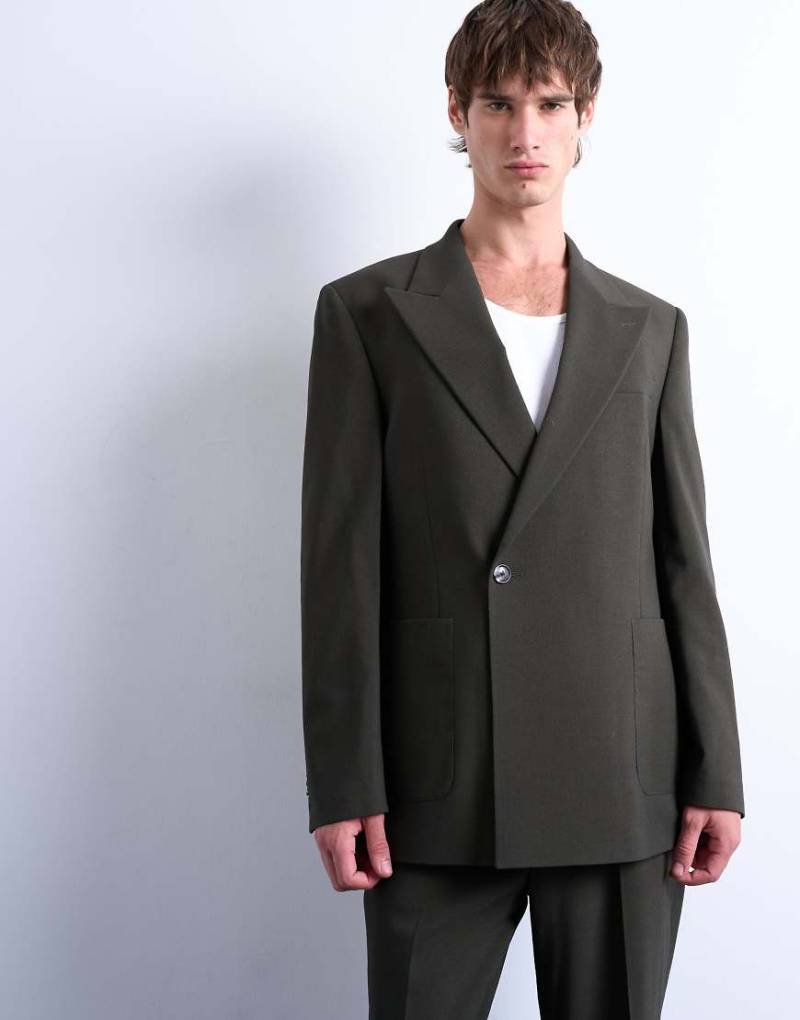 Topman - Relaxed-Fit-Anzugjacke in dunkelgrüner Wolloptik von Topman