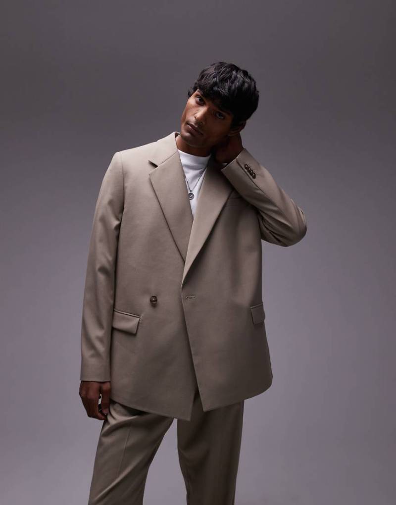 Topman - Locker geschnittene Anzugjacke in Steinbeige-Neutral von Topman