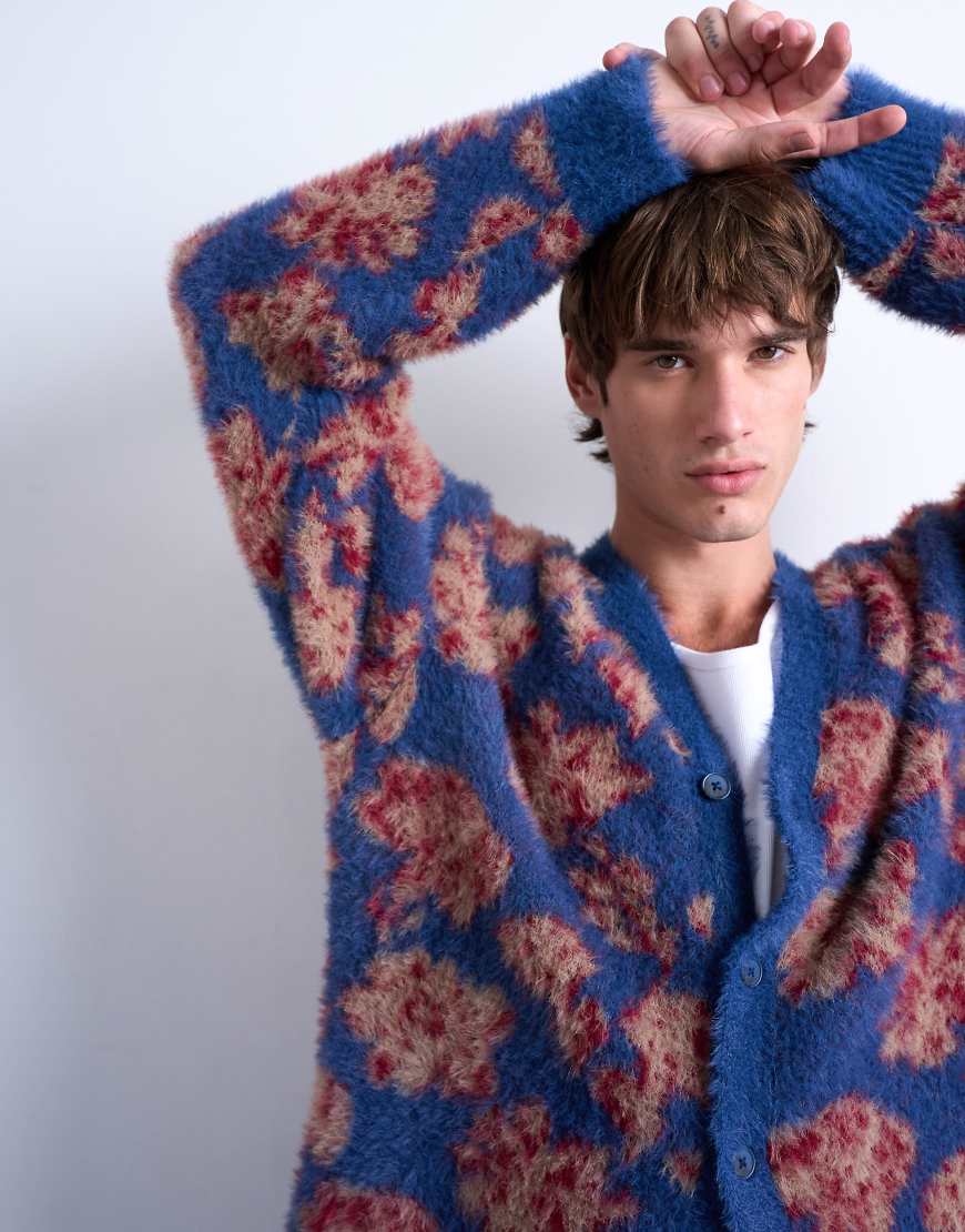 Topman - Locker geschnittene Strickjacke in Lila mit Blumenmuster von Topman