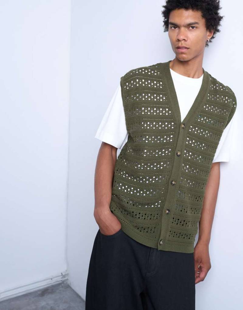 Topman - Gestricktes Relaxed-Fit-Tanktop in Khaki mit durchgehender Knopfleiste-Grün von Topman