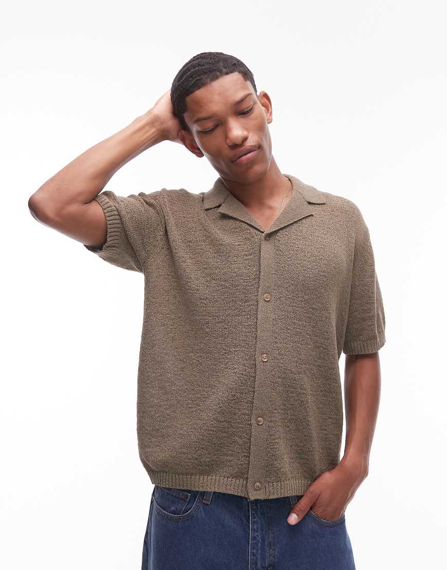 Topman - Locker geschnittenes Jersey-Hemd in Khaki mit Knopfleiste und Reverskragen-Grün von Topman