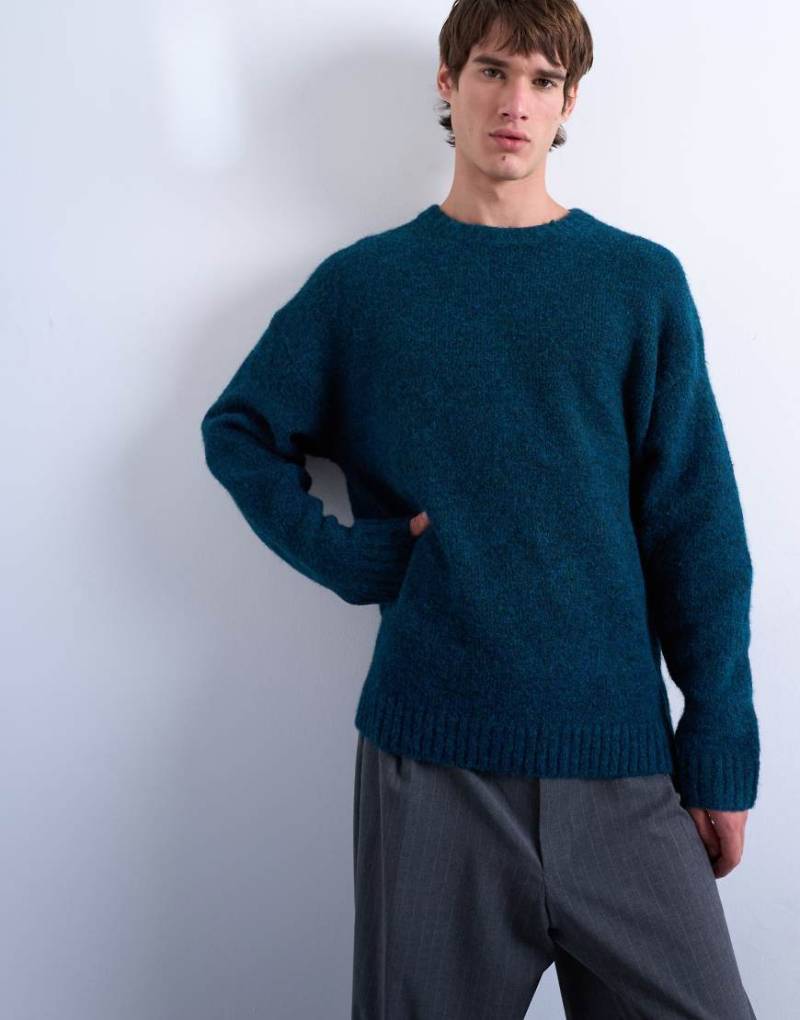 Topman - Lockerer Strickpullover in Dunkelblau mit Rundhalsausschnitt-Grün von Topman