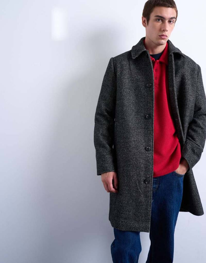 Topman - Mantel aus Wollmix in Schwarz mit Fischgrätmuster von Topman