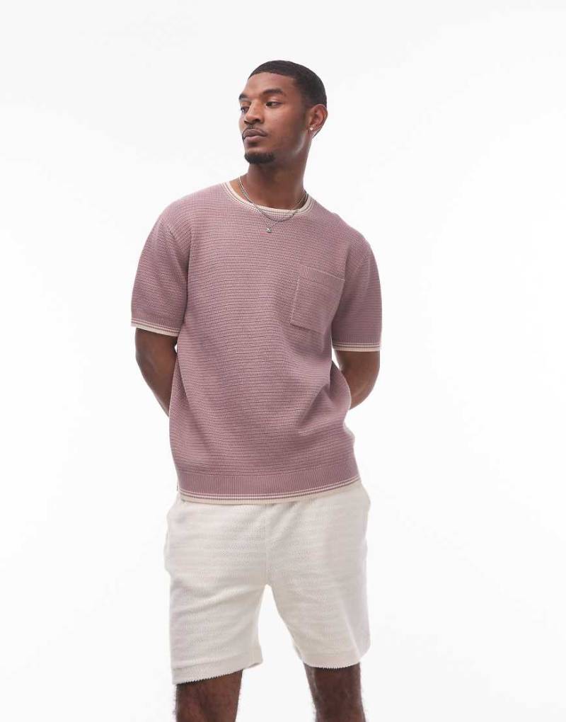 Topman - Ottoman - T-Shirt aus Strick in Malve mit Zierstreifen an Kragen und Saum-Lila von Topman