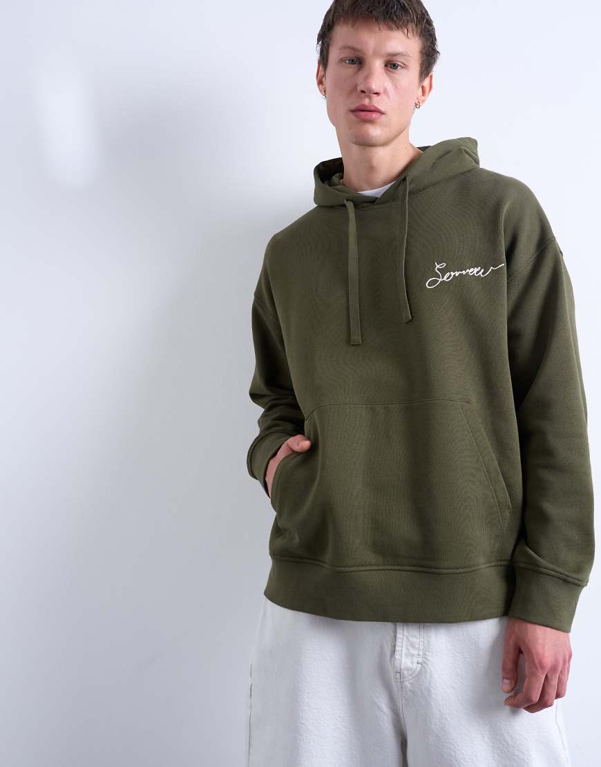 Topman - Oversize-Kapuzenpullover in Khaki mit „Sorrow"-Stickerei-Grün von Topman